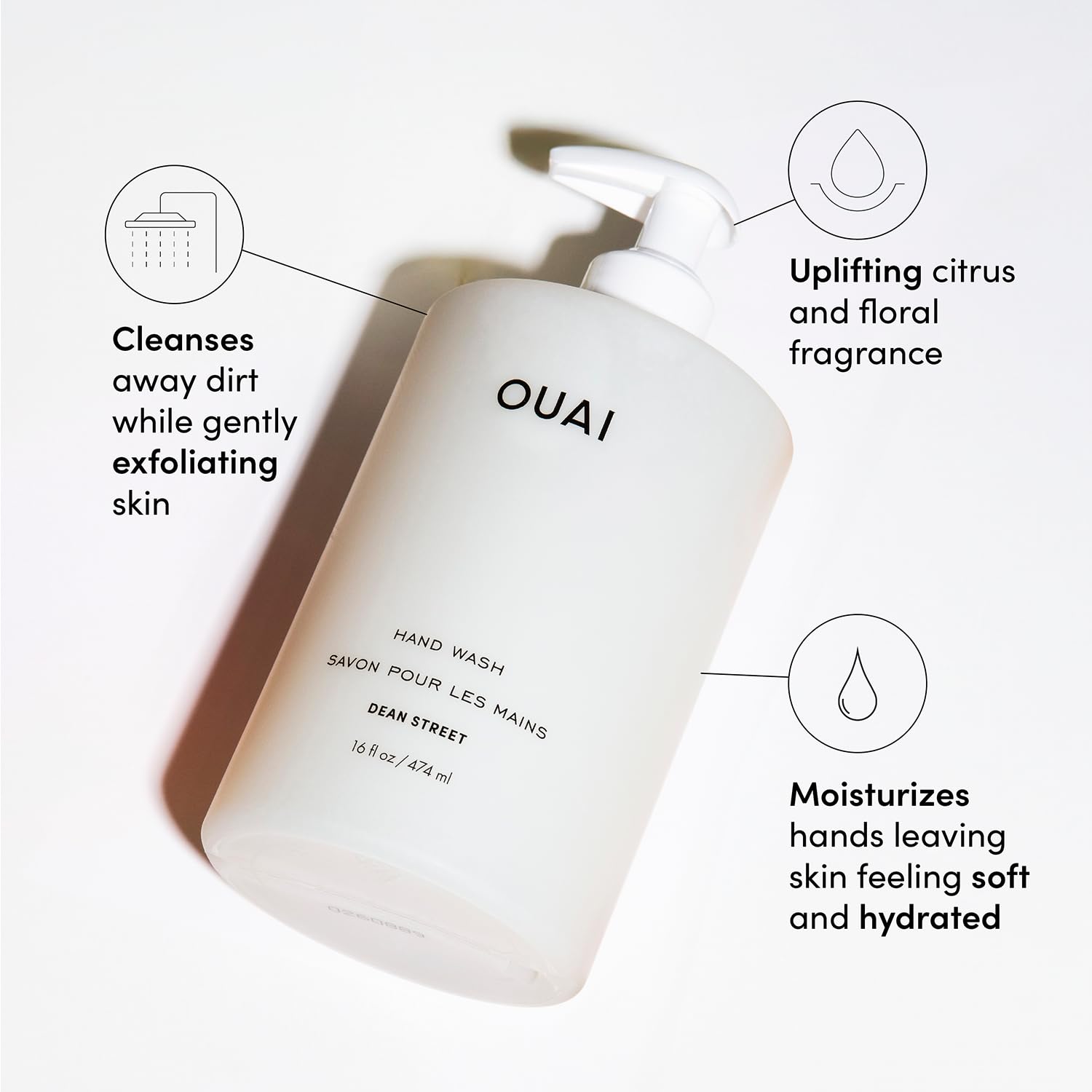 OUAI Hand Wash Full Size, Dean Street - Liquid Hand Soap with Jojoba, Avocado, & Rose Hip Oil for Replenished Skin - Gentle Exfoliating Kitchen & Bathroom Soap - (2 Pack, 16 Fl Oz Each) OUAIAu supplements