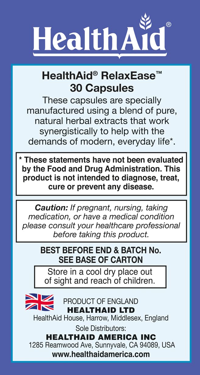 RelaxEase, Herbal Blend to Support Harmony and Tranquility, Once Daily, 30 ct, Helps Promote Health and Relaxation HealthAidAu supplements