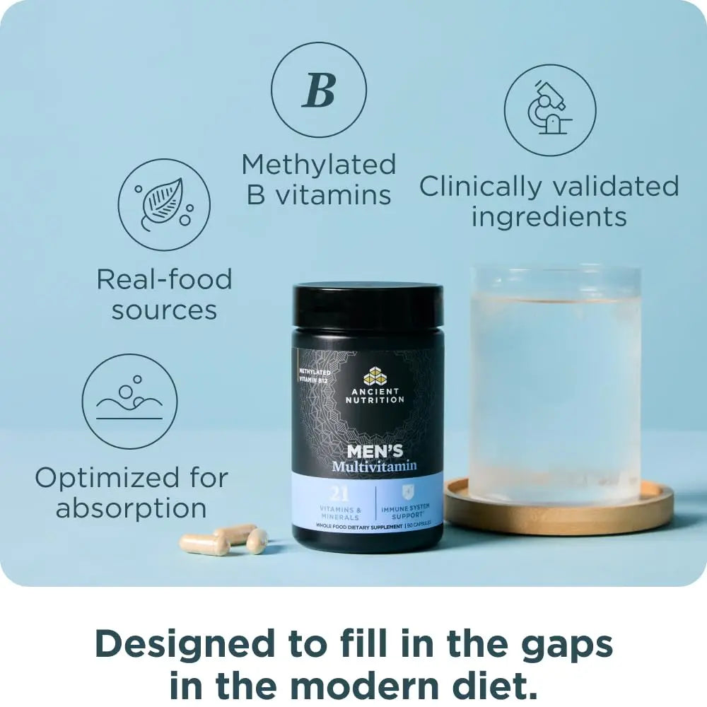 Ancient Nutrition Multivitamin for Men, Multi Men's, Methylated Vitamin D, C, E, B12, Zinc, Magnesium, Supports Healthy Immune System and Bone Health, 90 Ct Ancient Nutritionnz supplements