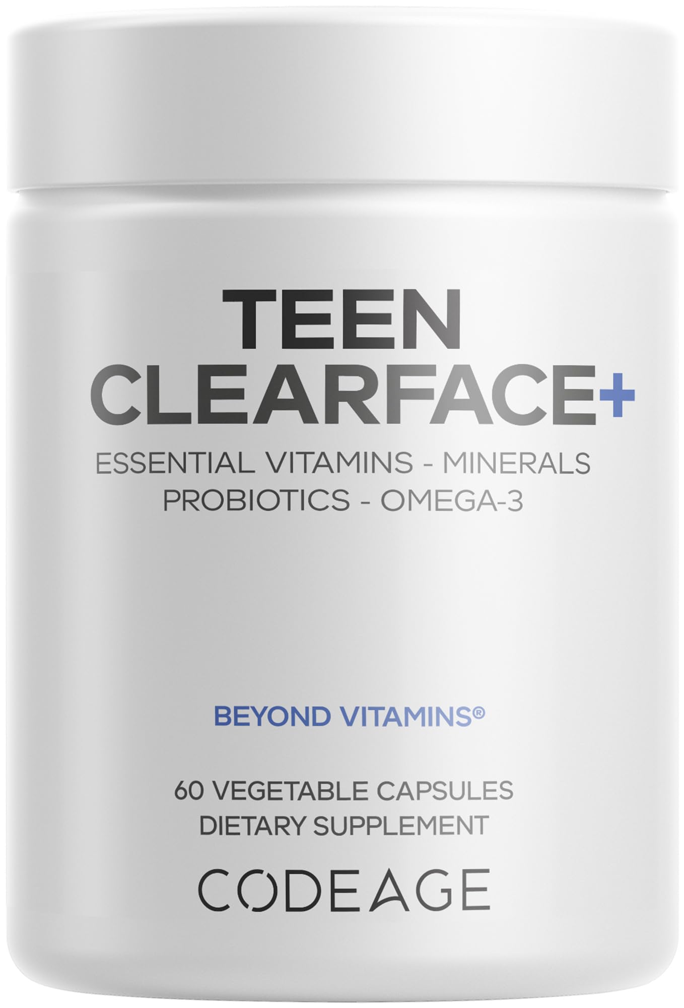 Codeage Teen Clearface Adolescent Face, Skin & Pimples, Vitamins A, C, D3, E, Pantothenic Acid, Niacin, Zinc Supplement Teenagers, Probiotics, L-Lysine, Omega-3, Oily Skin, Pores, Spots - 60 Capsules CodeageAu supplements