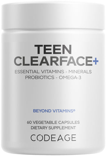Codeage Teen Clearface Adolescent Face, Skin & Pimples, Vitamins A, C, D3, E, Pantothenic Acid, Niacin, Zinc Supplement Teenagers, Probiotics, L-Lysine, Omega-3, Oily Skin, Pores, Spots - 60 Capsules CodeageAu supplements
