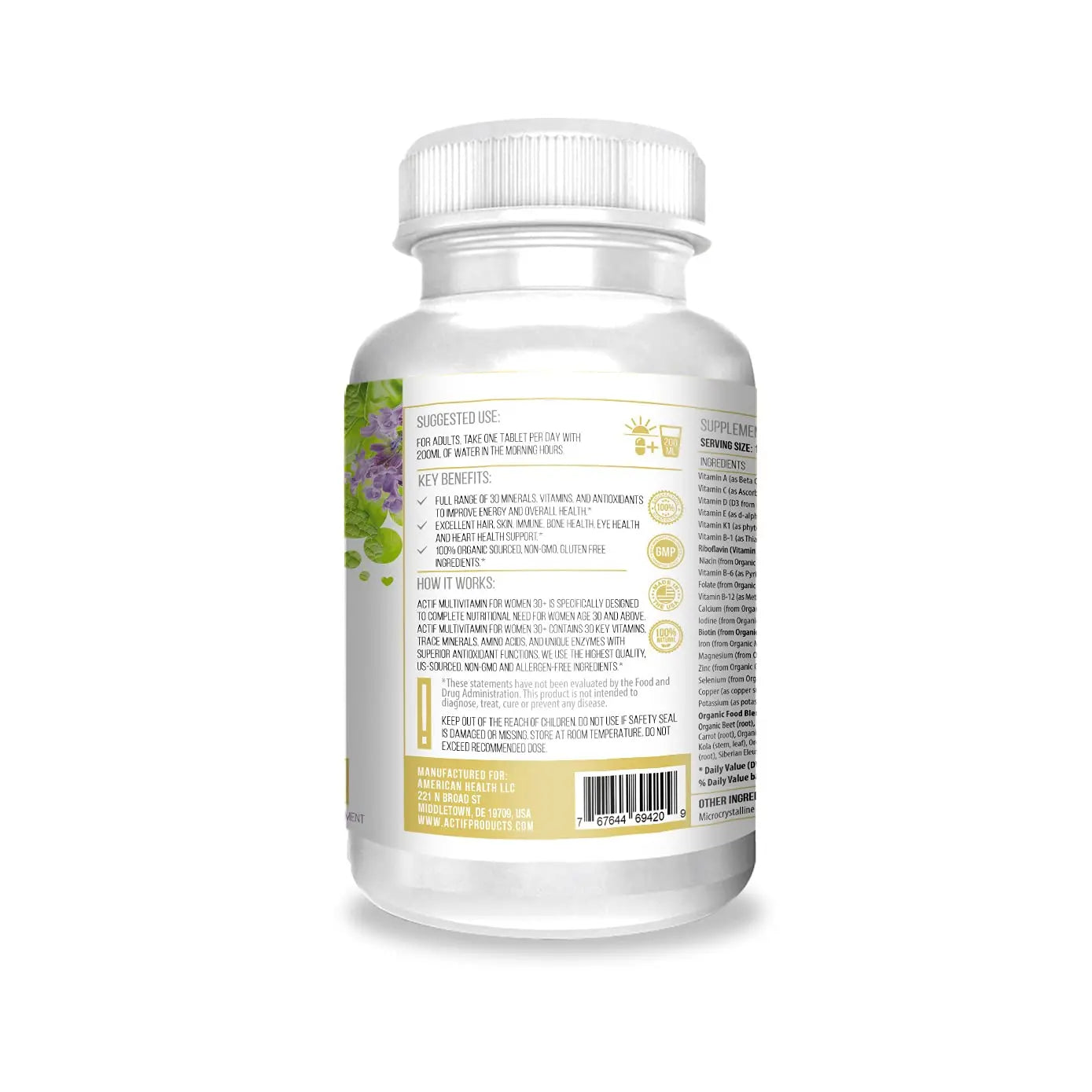 Actif Organic Multivitamin for Women Age 30+ with 30 Organic Vitamins and Organic Herbs, Non-GMO, Made in USA, 2-Month Supply ACTIFAu supplements