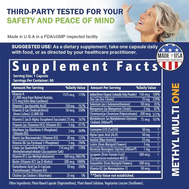 Power By Naturals Methyl Multi One - Iron-Free Methylated Multivitamin with Quatrefolic 5-MTHF, Active B12, P5P, CoQ10 & Zinc for MTHFR Support Power By NaturalsAu supplements