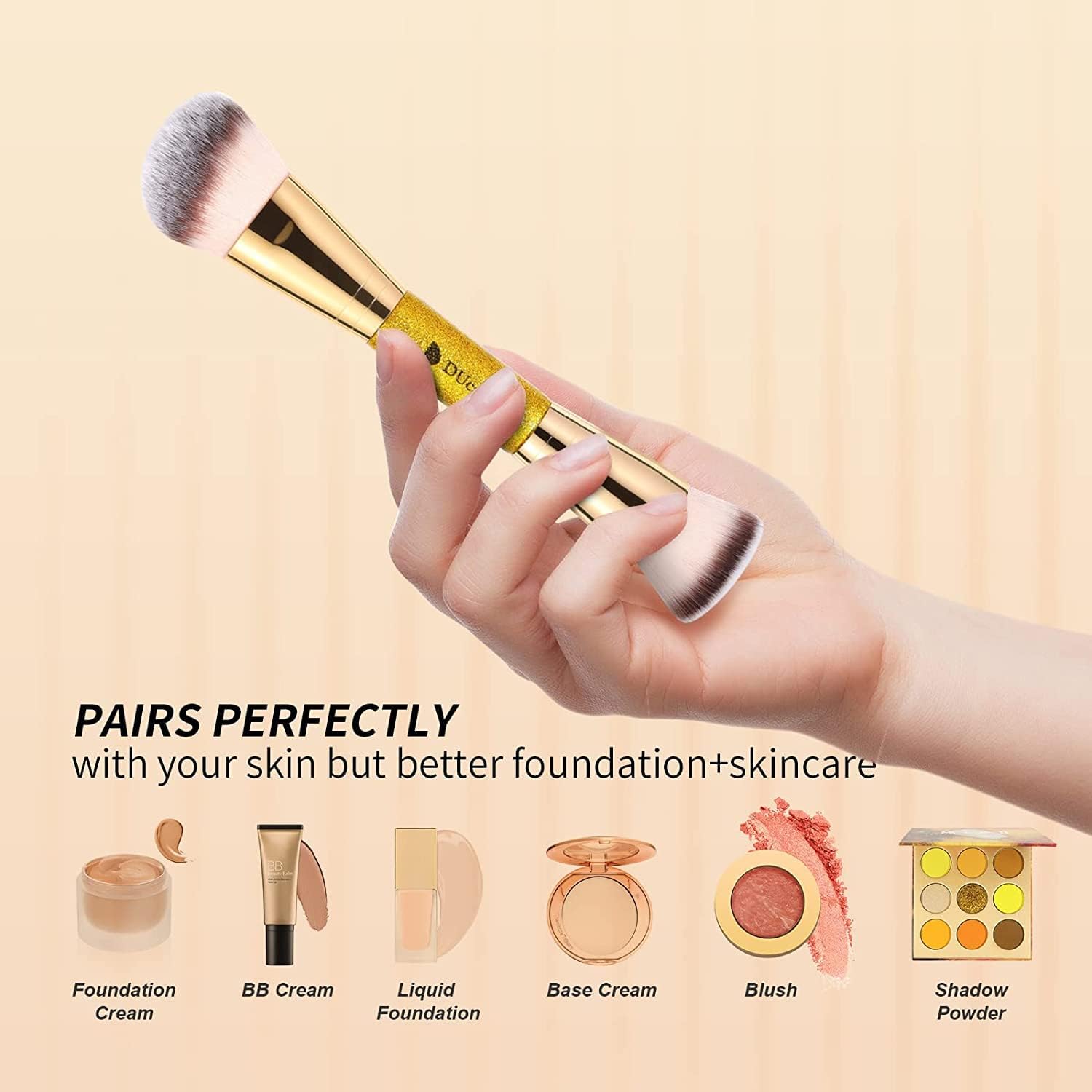 DUcare Dual End Foundation Contour Bronzer Brush, Gold Glitter Handle Double Ended Professional Face Makeup Tool for Liquid Cream Powder DUcareAu supplements