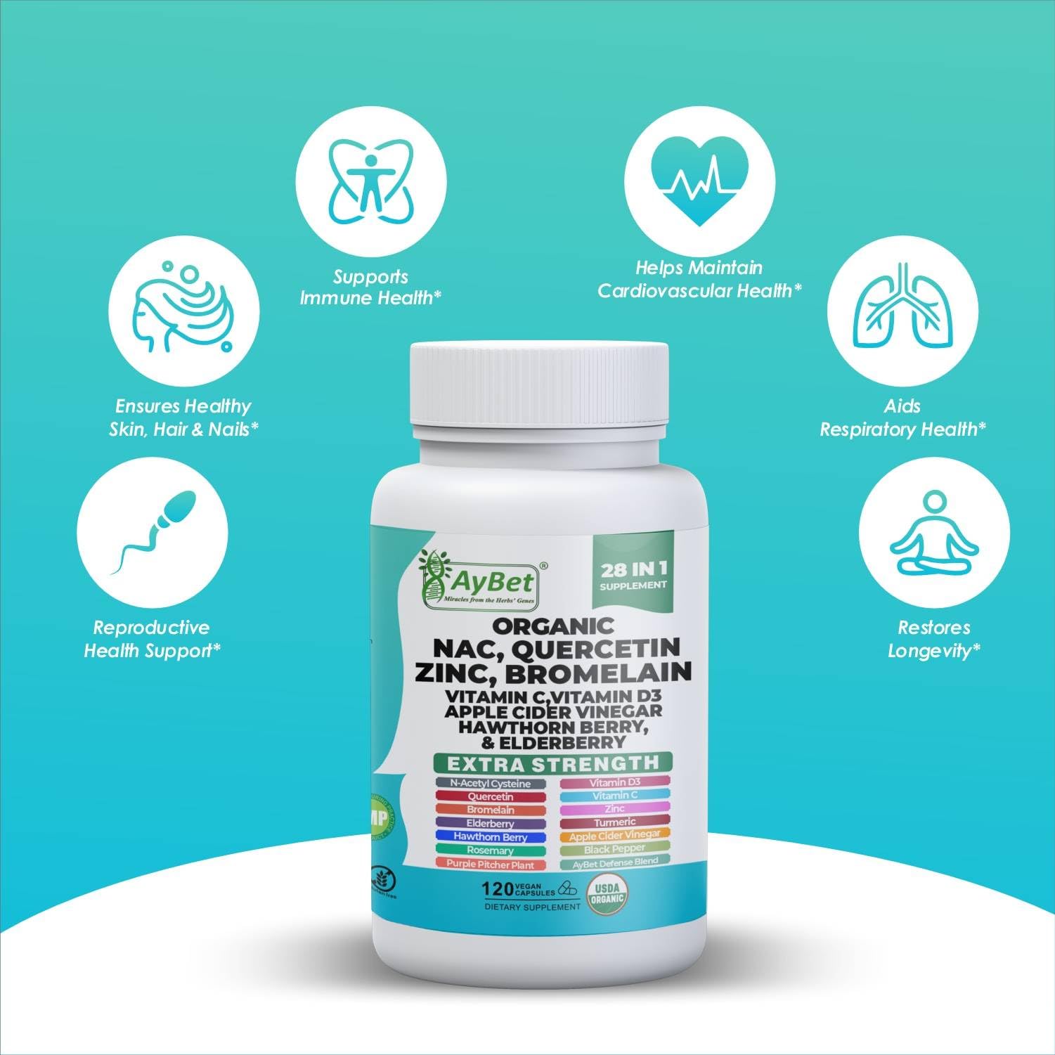 NAC-n-acetyl cysteine- Quercetin Zinc Bromelain Supplement | Extra Strength with Vit C, D3, Apple Cider Vinegar, Elderberry, Hawthorn Berry, Turmeric | Immune Support|120 Vegan Capsules | USDA Organic AyBetAu supplements
