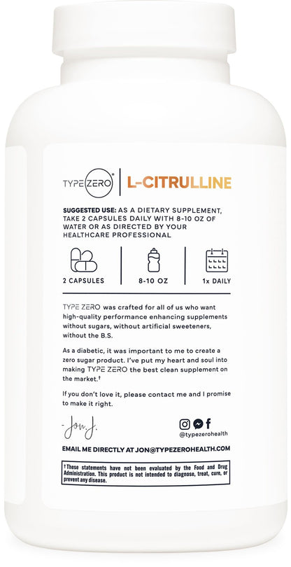 Type Zero L-Citrulline Capsules (180 Capsules) (1500 mg per Serving) - GMO-Free Type ZeroUS supplements
