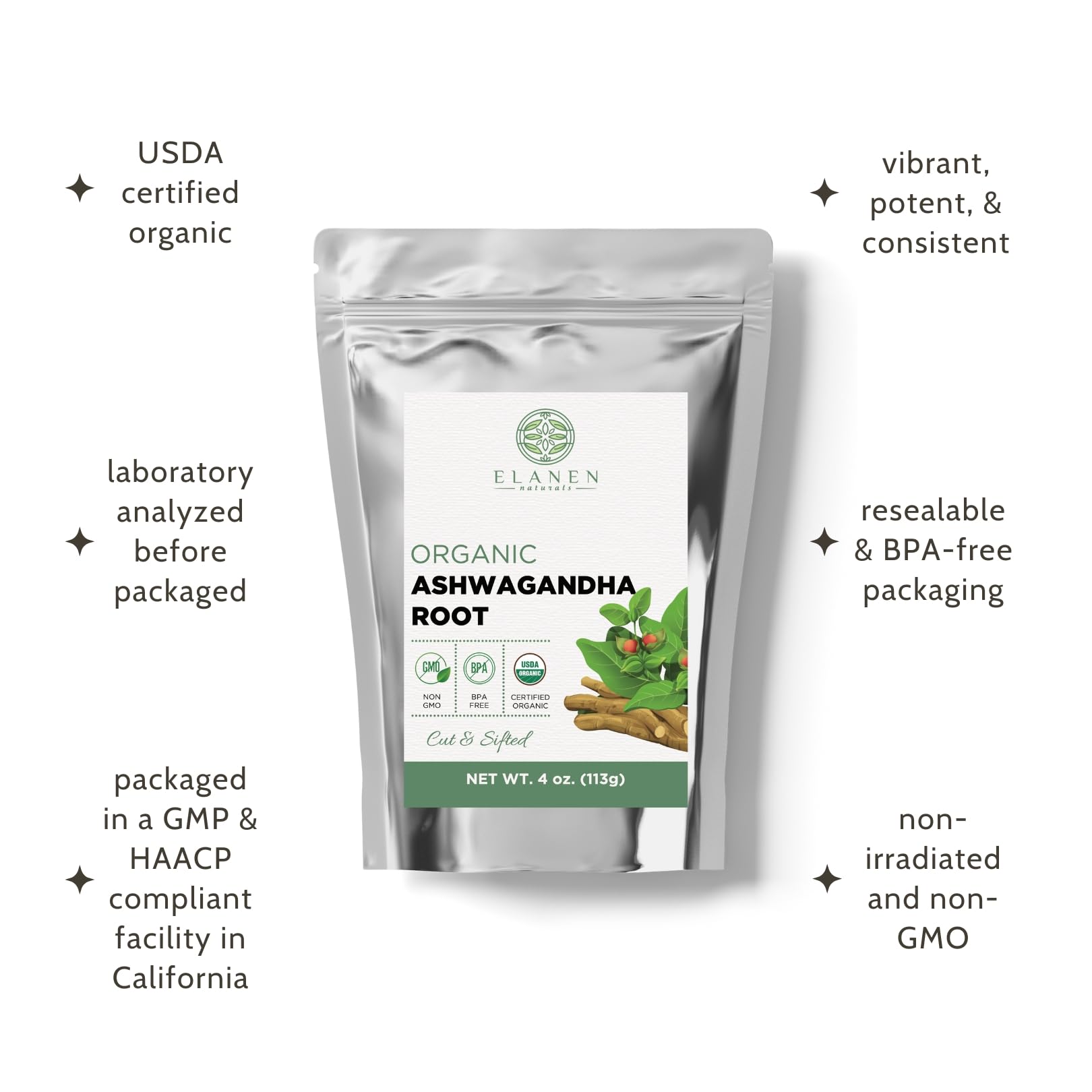 Elanen Naturals Organic Ashwagandha Root 4 oz. (113g), USDA Certified Organic Ashwagandha Root Loose Leaf Tea, Dried Withania somnifera, Cut & Sifted Elanen NaturalsAu supplements
