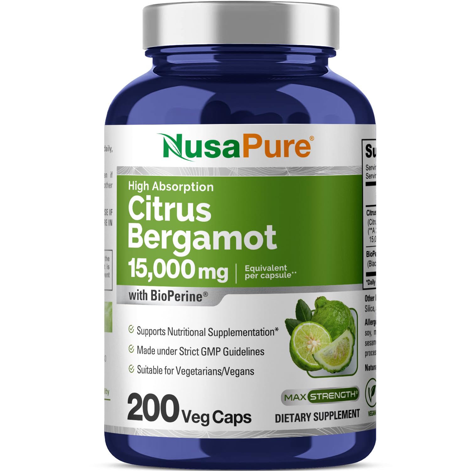 NusaPure Citrus Bergamot Capsules 15,000mg, 200 Capsules - 25:1 Bergamot Extract - 200 Servings, Bioperine, Vegan, Non-GMO NusaPureAu supplements