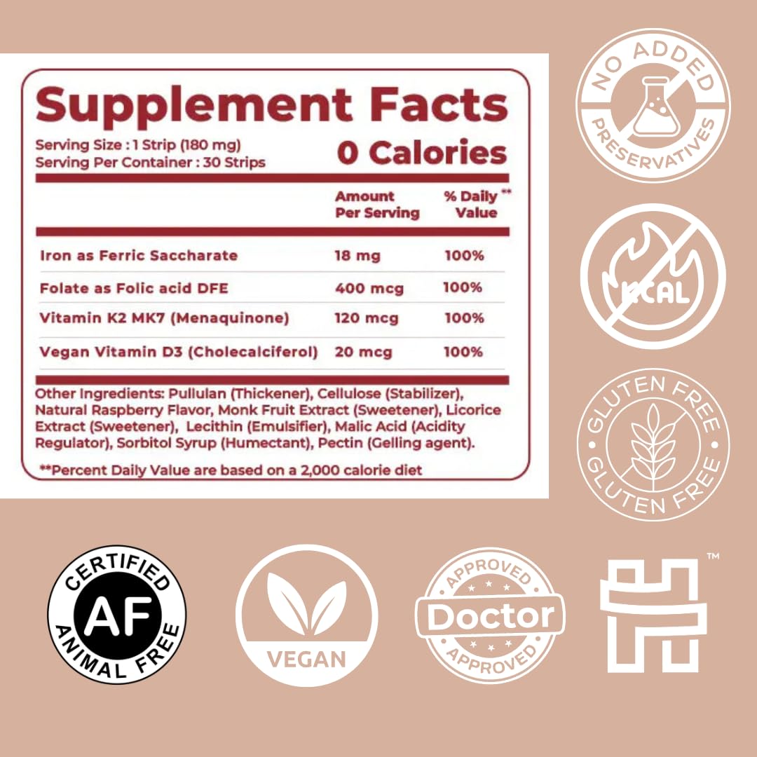 MedHugs NutriHugs Blood and Bone Support - Iron, Folate, Vitamin D3 and K2 - Fast-Dissolving Oral Thin Film Strips - Non-Constipating Iron - Vegan, Sugar-Free, Non-GMO - 30 Strips MedHugsAu supplements