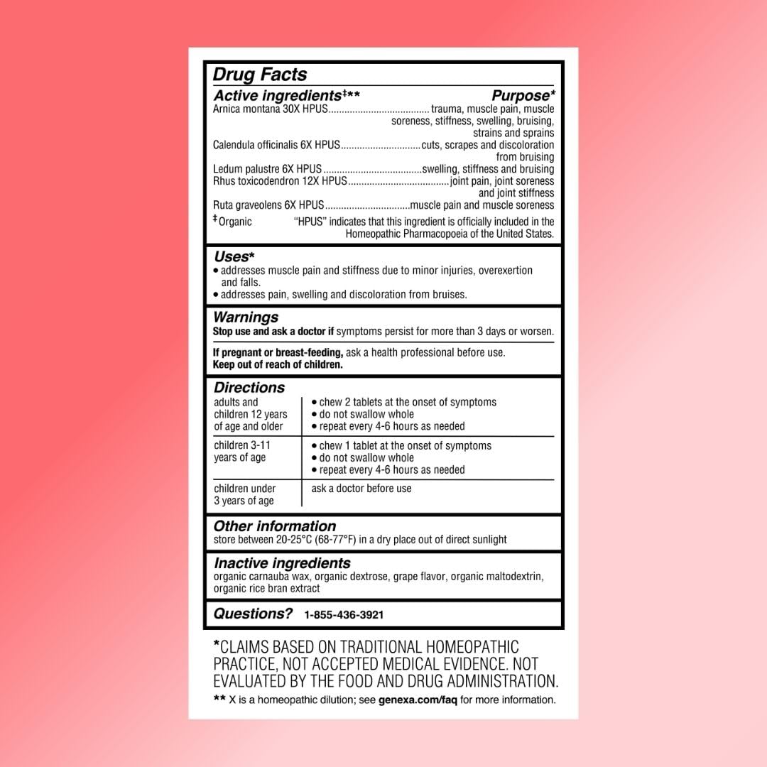 Genexa Arnica for Pain Relief | Alleviate Muscle & Joint Pain, Soreness & Stiffness | Reduces Bruises & Swelling | Organic Grape Flavor | Homeopathic Remedy Made Clean | 100 Chewable Tablets GenexaAu supplements