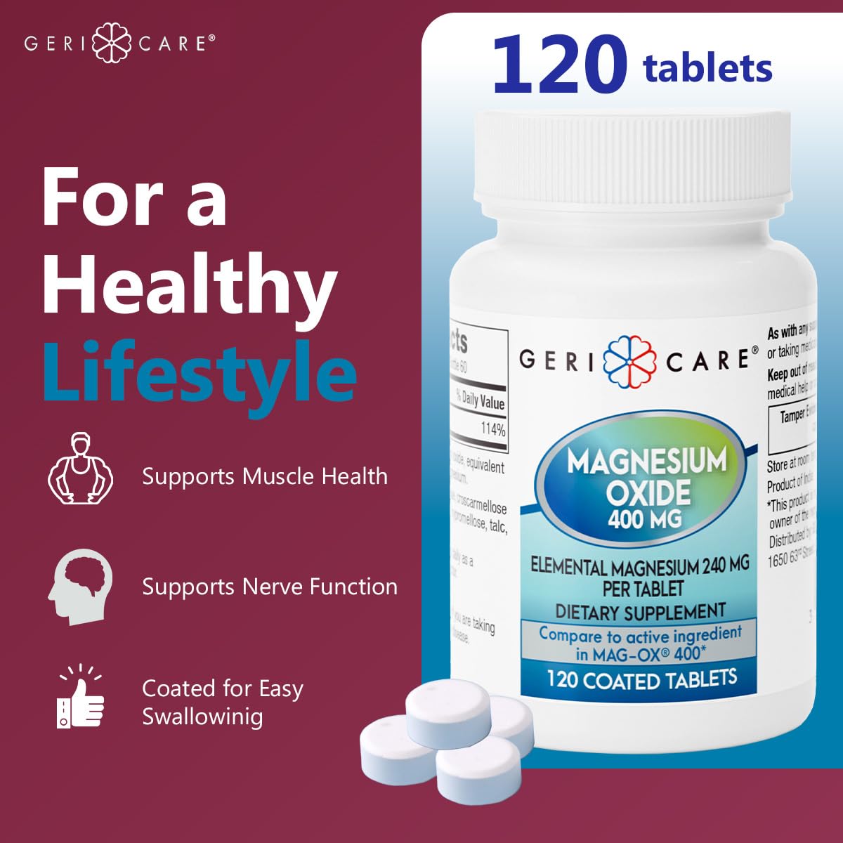 GeriCare Magnesium Oxide Supplement 240 mg of Elemental Magnesium, 120 Tablets, Essential Mineral Support, Promotes Vascular Health, Bone Strength, and Muscle Function (Pack of 1) GeriCareAu supplements