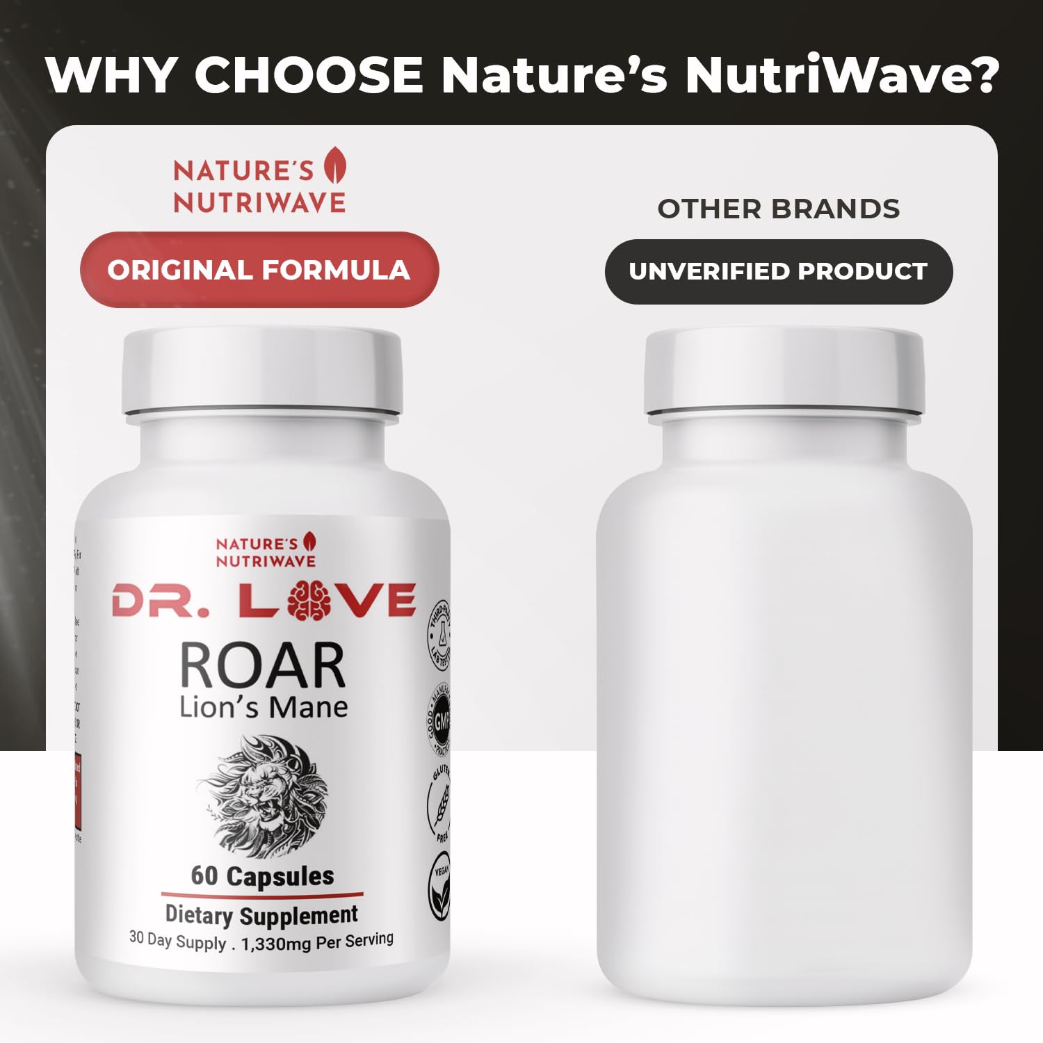 Nature’s NutriWave Dr. Love Roar Lion’s Mane Mushroom Supplement – Plant-Based Formula with Cordyceps, Reishi & Shiitake – Vegan, Gluten-Free, GMP Certified, Made in USA – 60 Capsules, 1 Month Supply Nature’s NutriWaveAu supplements