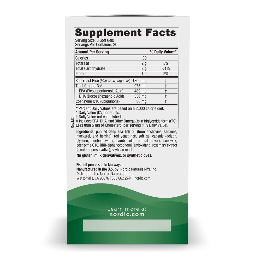 Nordic Naturals Cholesterol Support, Lemon - 60 Soft Gels - 975 Omega-3 + Red Yeast Rice & CoQ10 - Normal Cholesterol, Antioxidant Support - EPA & DHA - Non-GMO - 20 Servings Nordic NaturalsAu supplements
