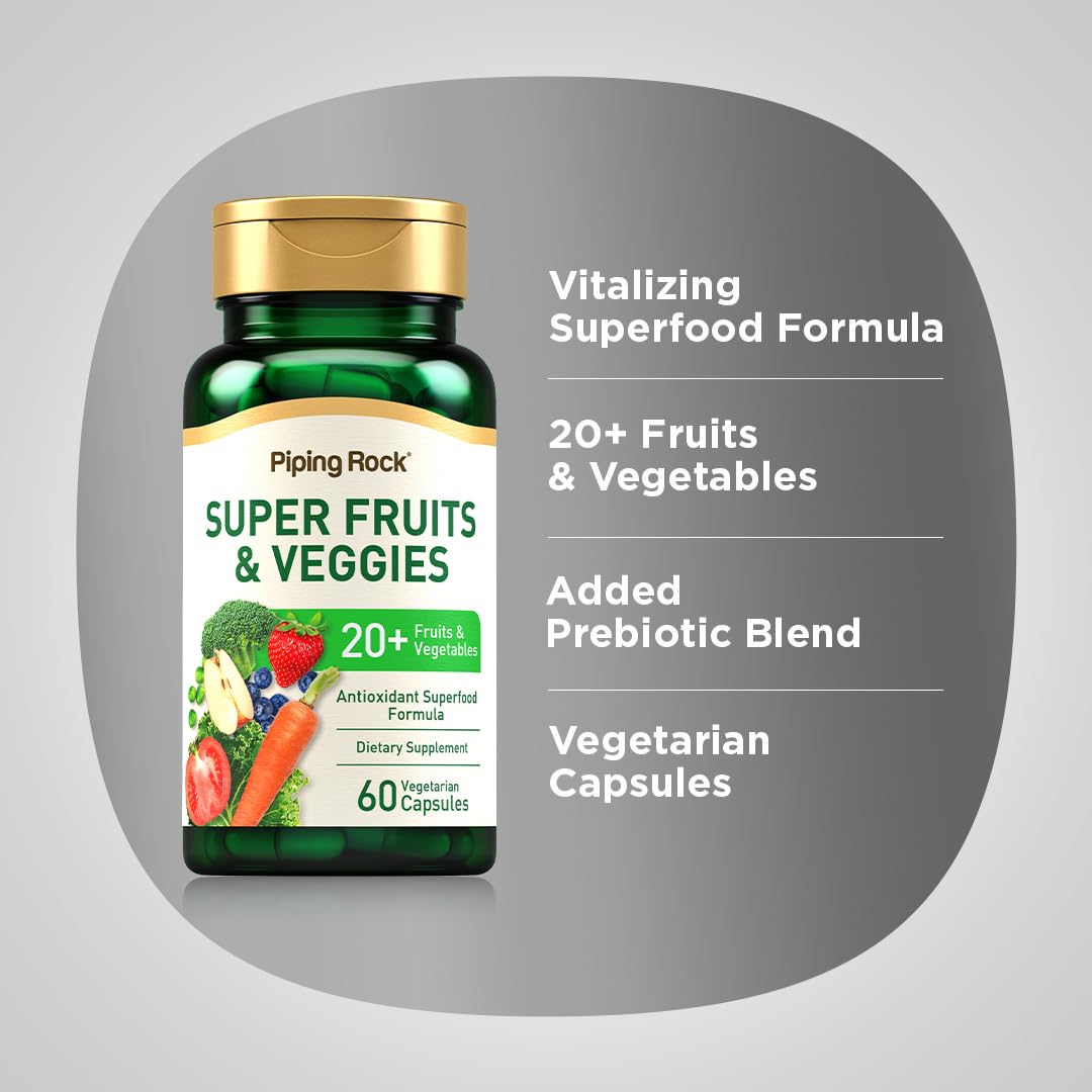 Piping Rock Fruits and Veggies Supplement | 60 Capsules | Superfood Fruit and Vegetables Vitamins | with Prebiotic Blend | Vegetarian Formula | Non-GMO, Gluten Free Piping RockAu supplements