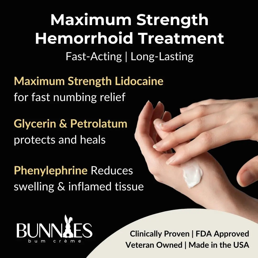 BUNNIES BUM CRÈME 5% Lidocaine Rapid Hemorrhoid Soothing Cream, 2 oz, Maximum Strength for Fast Acting for Pain, Burning, Itching, Swelling & Discomfort. BUNNIES BUM CRÈMEAu supplements