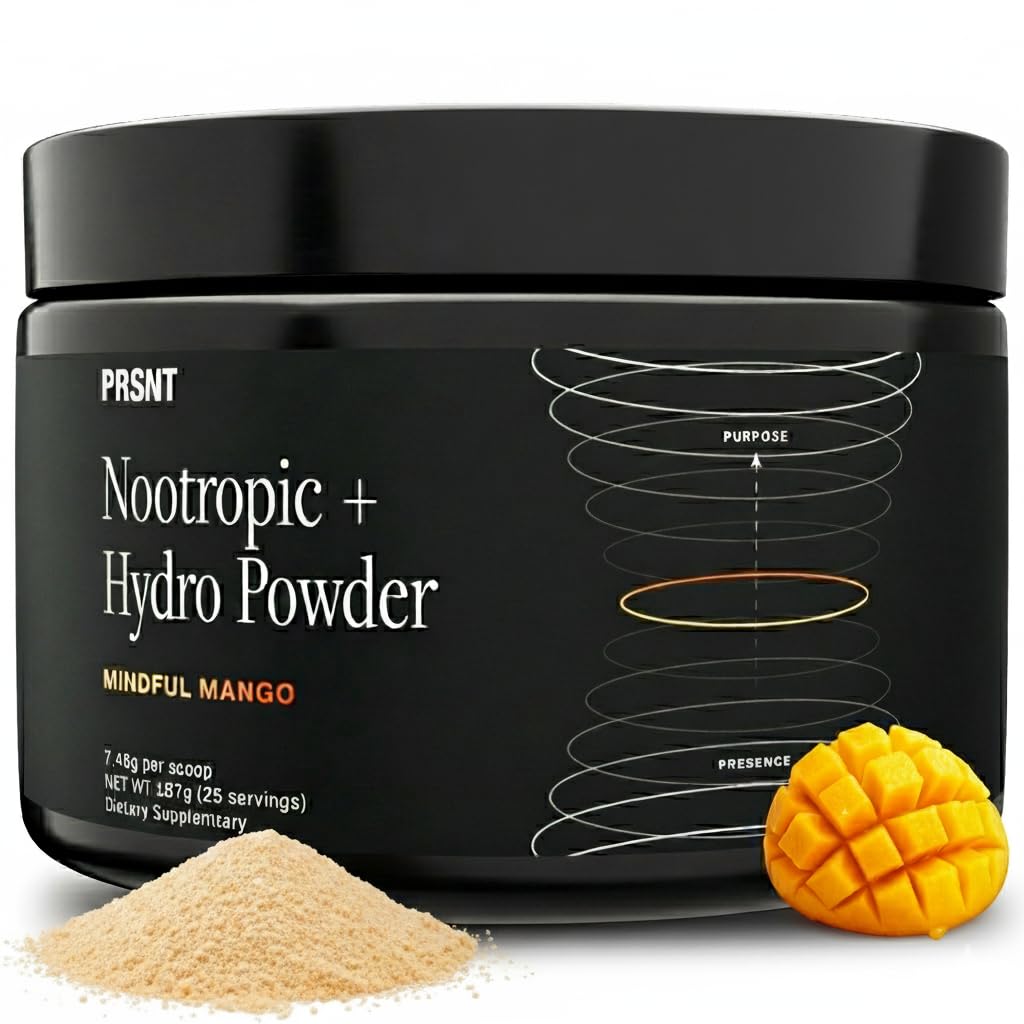 PRSNT Nootropic Focus Powder | Mango 25 Servings | Caffeine-Free, Sugar-Free | Supports Focus, Energy, Mental Clarity | Nootropic + Electrolytes Hydration Focus Drink Mix PRSNTAu supplements