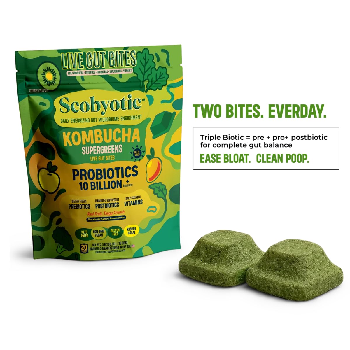 Scobyotic® Kombucha Supergreens Live Gut Bites – 10 Billion CFU Probiotics + Prebiotics & Postbiotics – Kombucha & Supergreens – Freeze-Dried Probiotic Supplement ScobyoticAu supplements