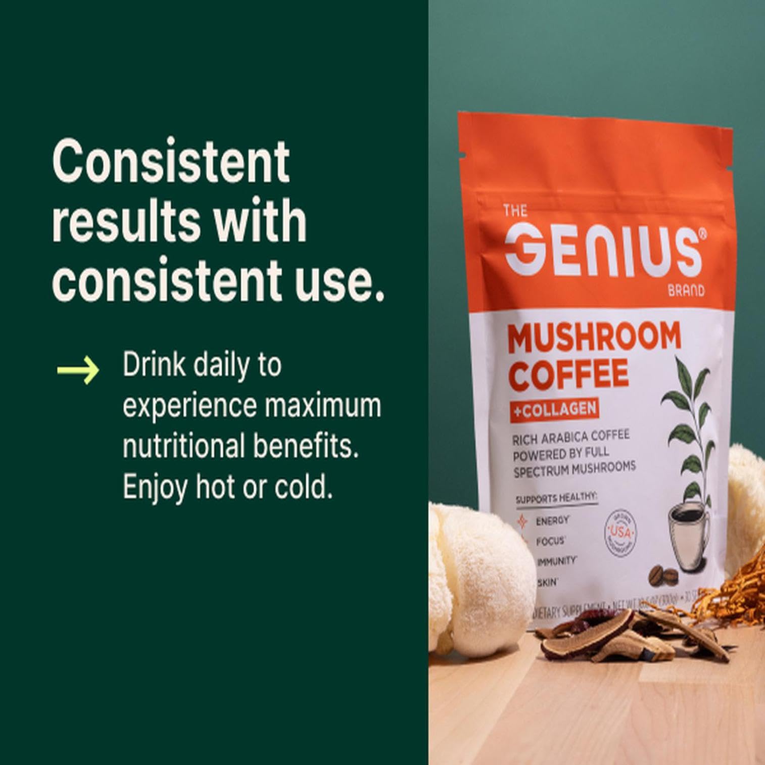 The Genius Brand Organic Mushroom Coffee + Collagen - Daily Energy Support - Healthy Immune Function - Arabica Coffee with Cordyceps, Reishi & Lion's Mane Mushroom Blend - 10.6 oz (30 Servings) The Genius BrandUS supplements
