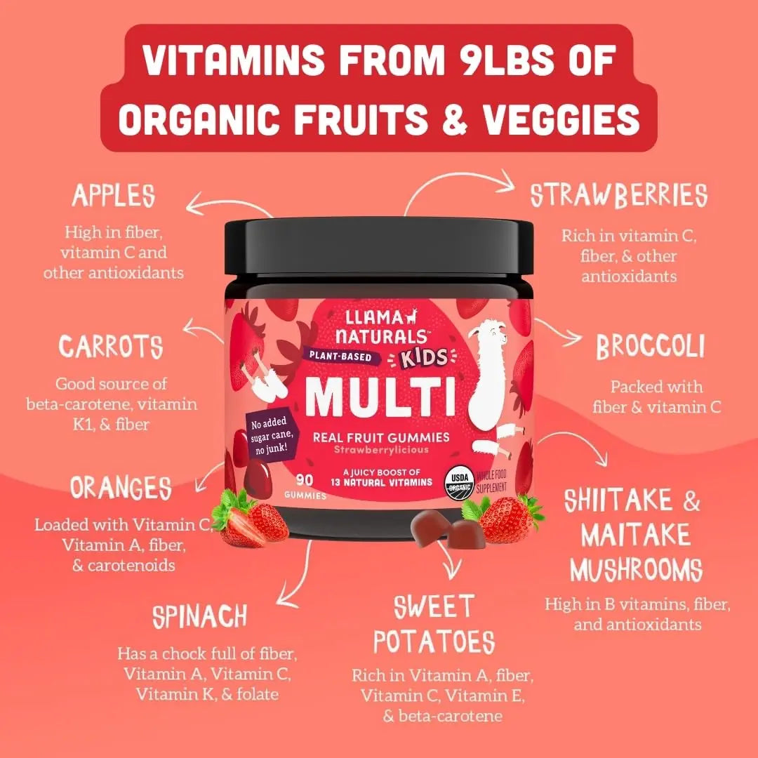 Llama Naturals Kids Multivitamin Gummies | Real Fruit, No Added Sugar Cane | Organic Vegan Toddler Whole Food Vitamins | Llama NaturalsAu supplements