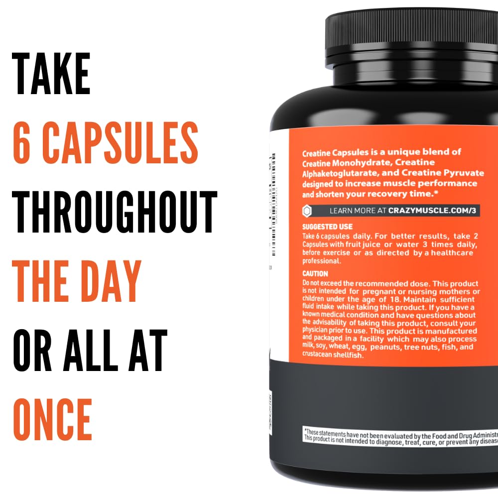 Creatine Capsules, 5g Premium 3X ThreeAtine Pre Workout Bulk Muscle Mass Gainer, High Absorption Easy to Take Creatine Monohydrate Pills Alternative Optimum Performance for Men Women, 180 Capsules Crazy MuscleAu supplements