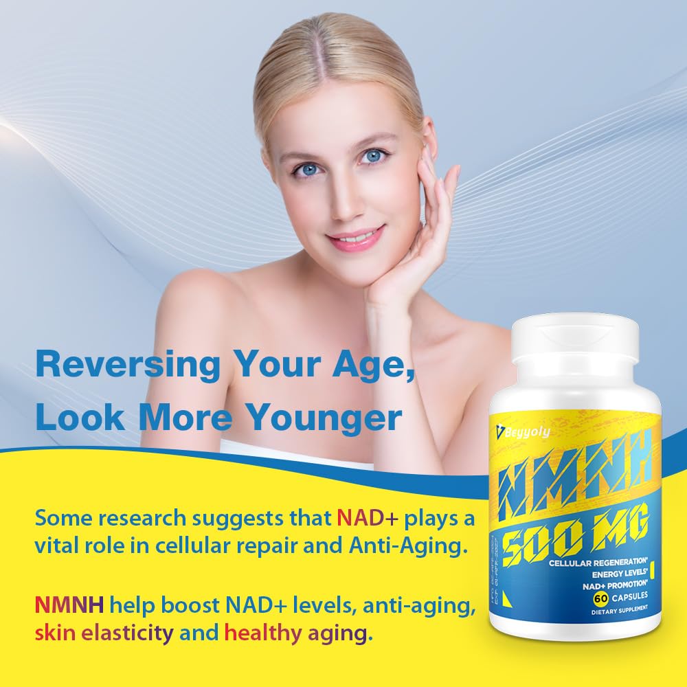 NMNH (NMN Supplement Alternative) NAD Supplements for Anti Aging, Energy, Immune, Focus (Dihydronicotinamide Mononucleotide) 500mg, to Boost NAD+ Levels As We Age, Pure Organic - 60 Capsules BeyyolyAu supplements