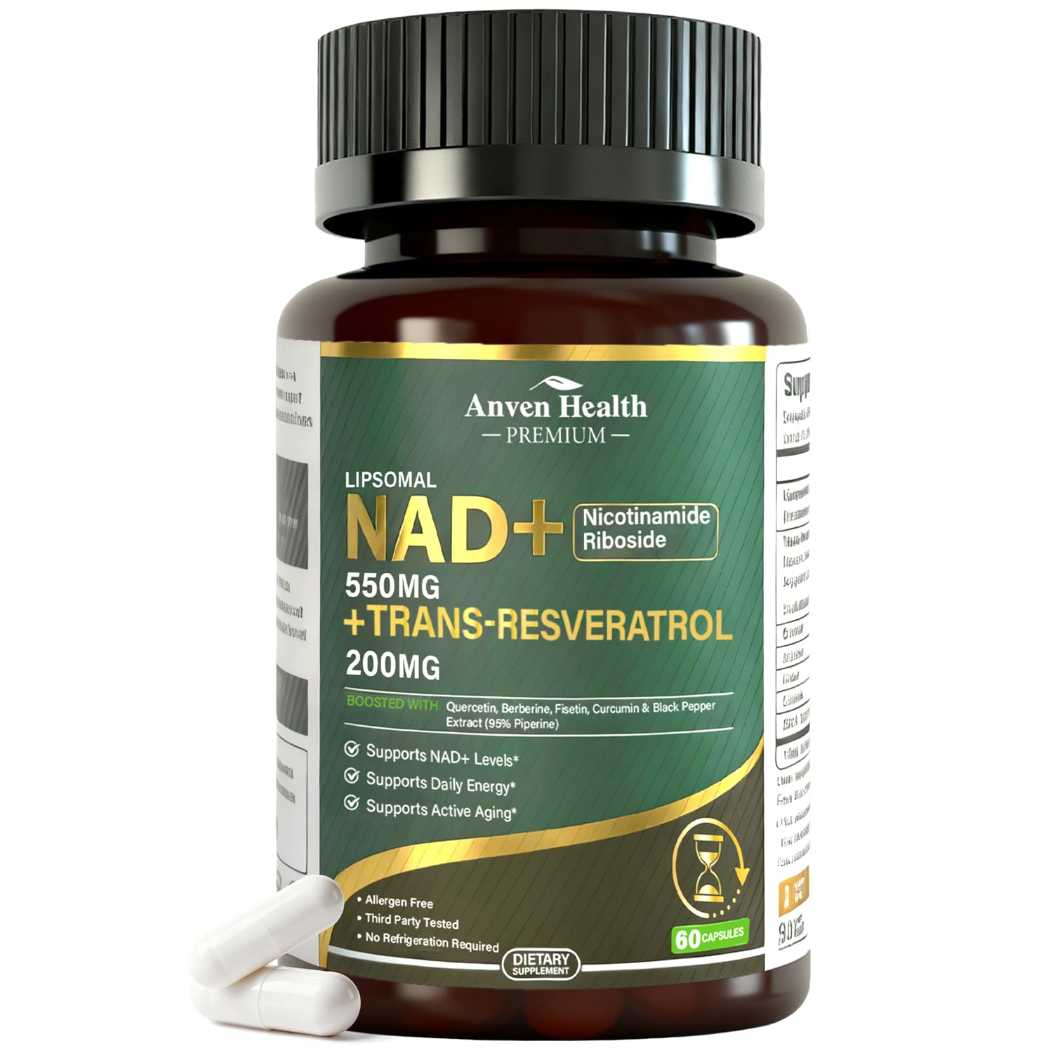 Liposomal NAD+ Resveratrol Supplement - NMN Alternative with Trans-Resveratrol, Quercetin & Fisetin - NAD Plus Booting for Women and Men, Support Cellular Energy & Healthy Aging, Non-GMO | 60 Capsules Anven HealthAu supplements