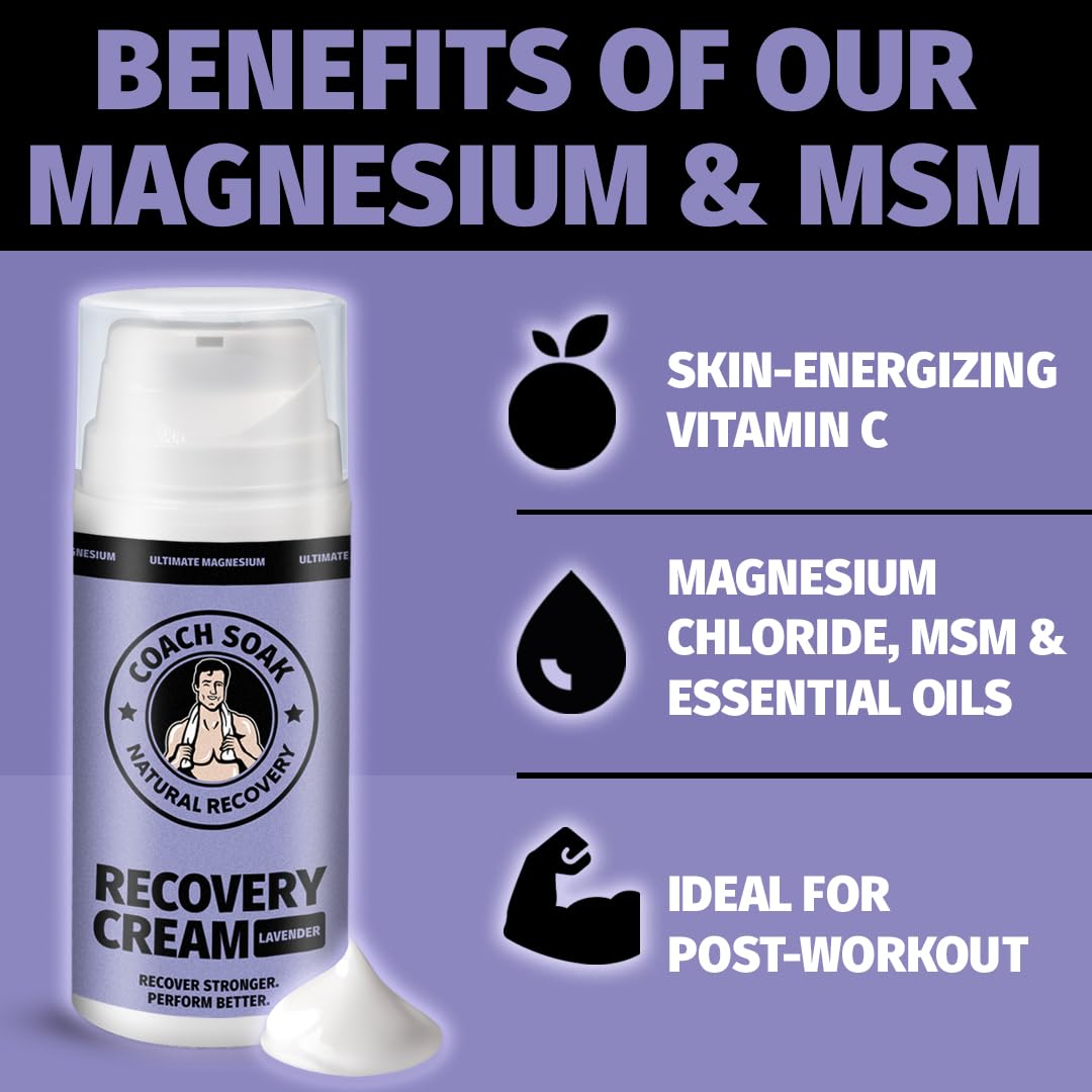 Coach Soak Magnesium Cream with MSM in Pump Bottle - Natural Recovery Cream with Magnesium Chloride & Menthol - Fast-Absorbing for Muscles & Joints, Lavender 3.4oz Coach SoakAu supplements