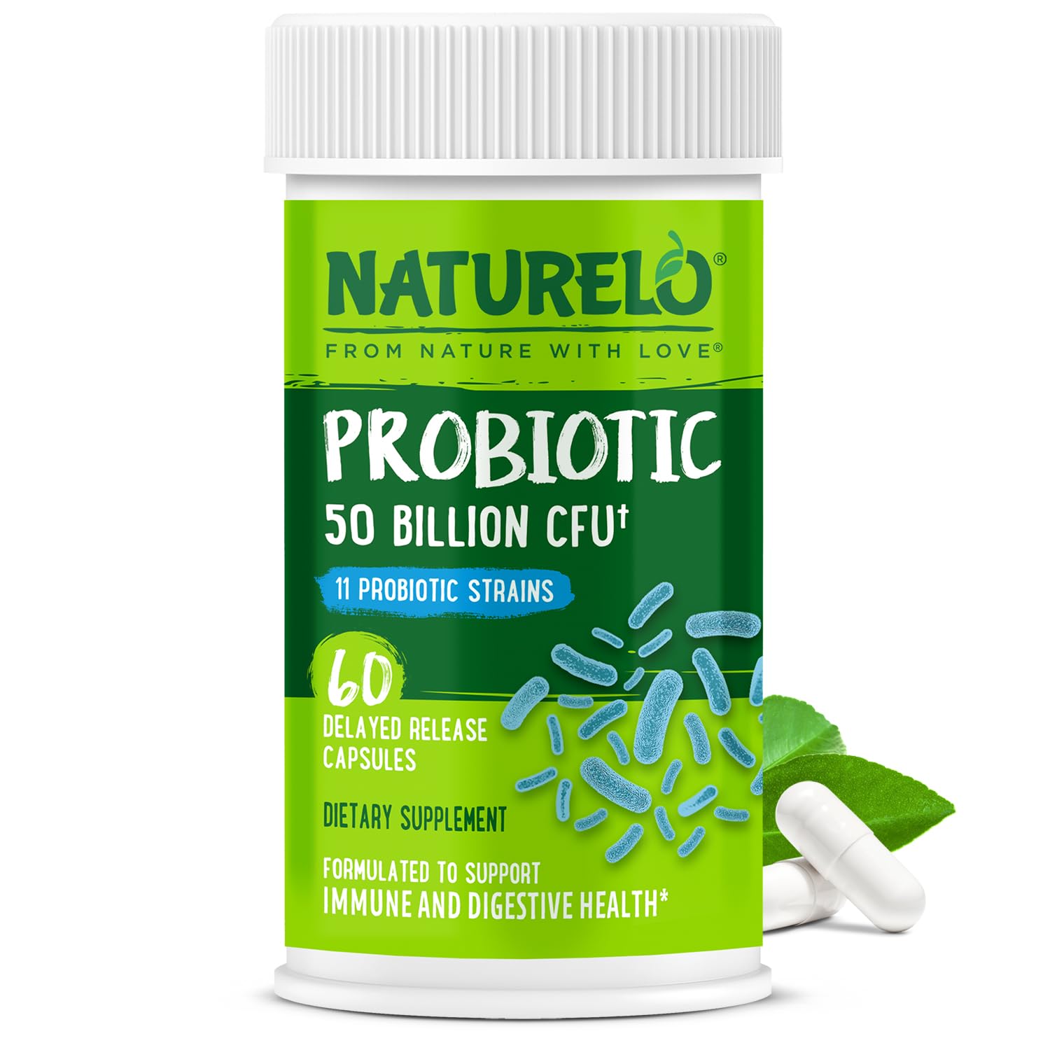 NATURELO Probiotics for Digestive Health, 50 Billion CFU, 60 Vegetarian Capsules, 11 Strains, Daily Use Supplement, Delayed Release, No-Fridge, Boosts Immune System, Probiotics for Women & Men NATURELOAu supplements