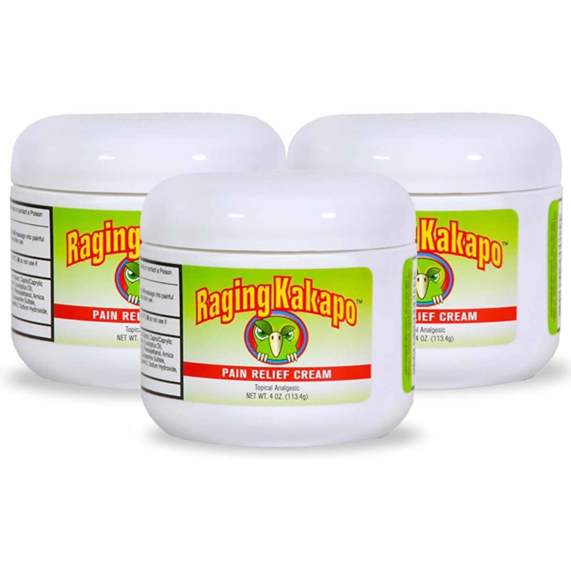 Raging Kakapo Pain Relief Cream 3 Pack - Sore Muscles, Joint Pain & Aches - Odor Free, Non-Greasy Pain Cream - Histamine Dihydrochloride, Capsaicin, Emu Oil, Arnica & More, 4 oz. Jar Raging KakapoAu supplements