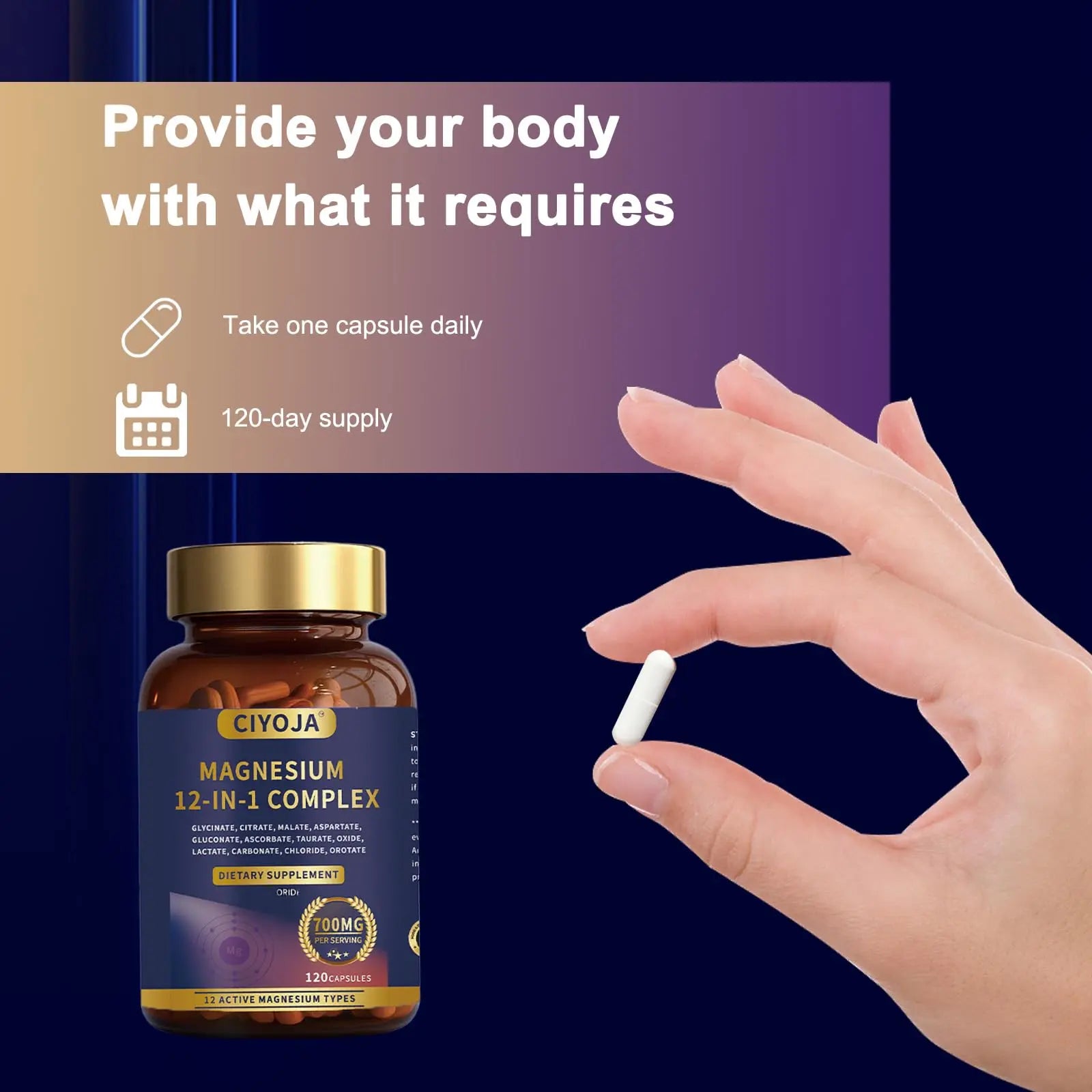 12-in-1 Magnesium Complex for Women Men: Magnesium Glycinate 700mg with Citrate, Malate Taurate Chelated Forms - High Absorption Magnesium Supplement for Relaxation Muscle Heart - 120 Vegan Capsules CIYOJAnz supplements