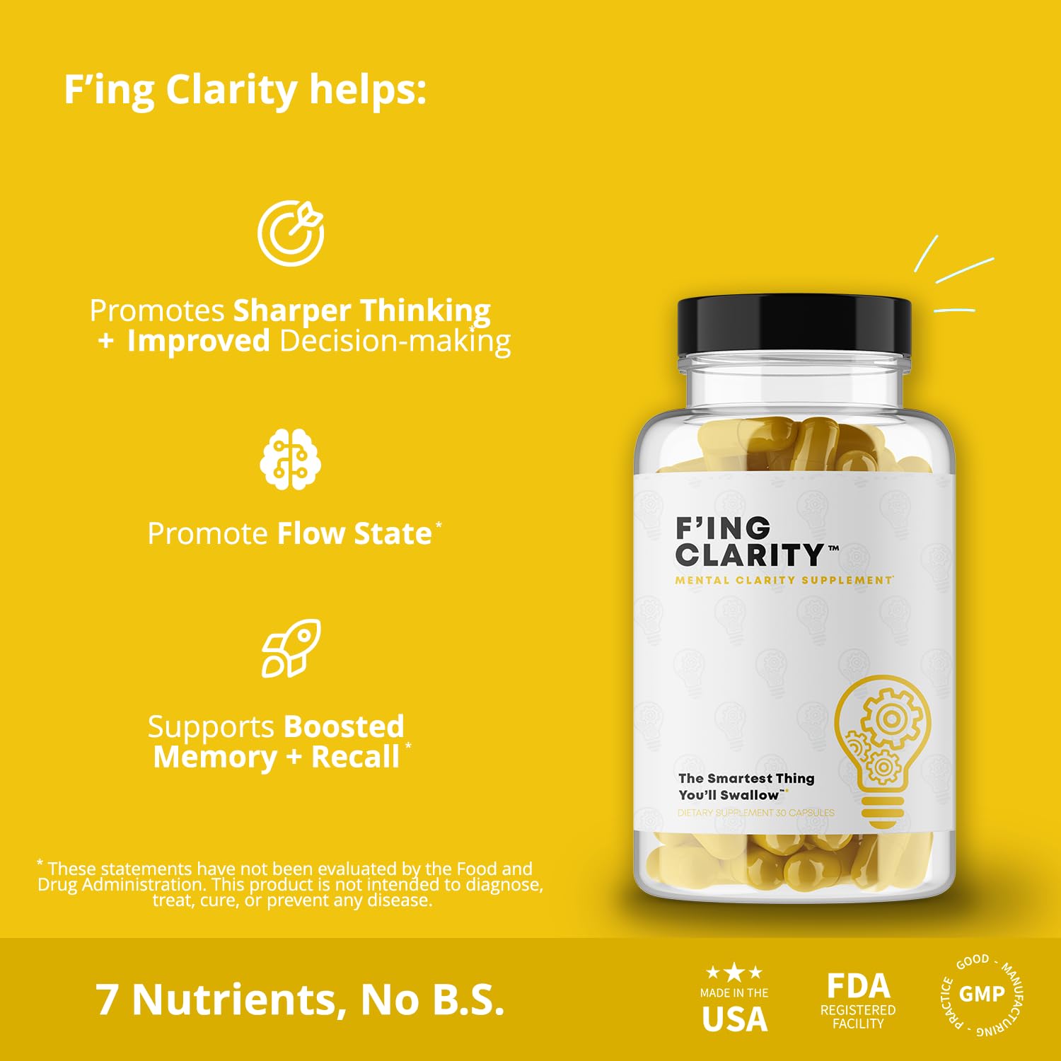 F'ing Clarity - Clarity, Memory + Brain Boosting Nootropic Supplement | Bacopa Extract, Phosphatidylserine 20%, Gingko Biloba Extract, Rhodiola Rosea Extract, DMAE Bitrartrate, B-12, Huperzine A F'ingAu supplements