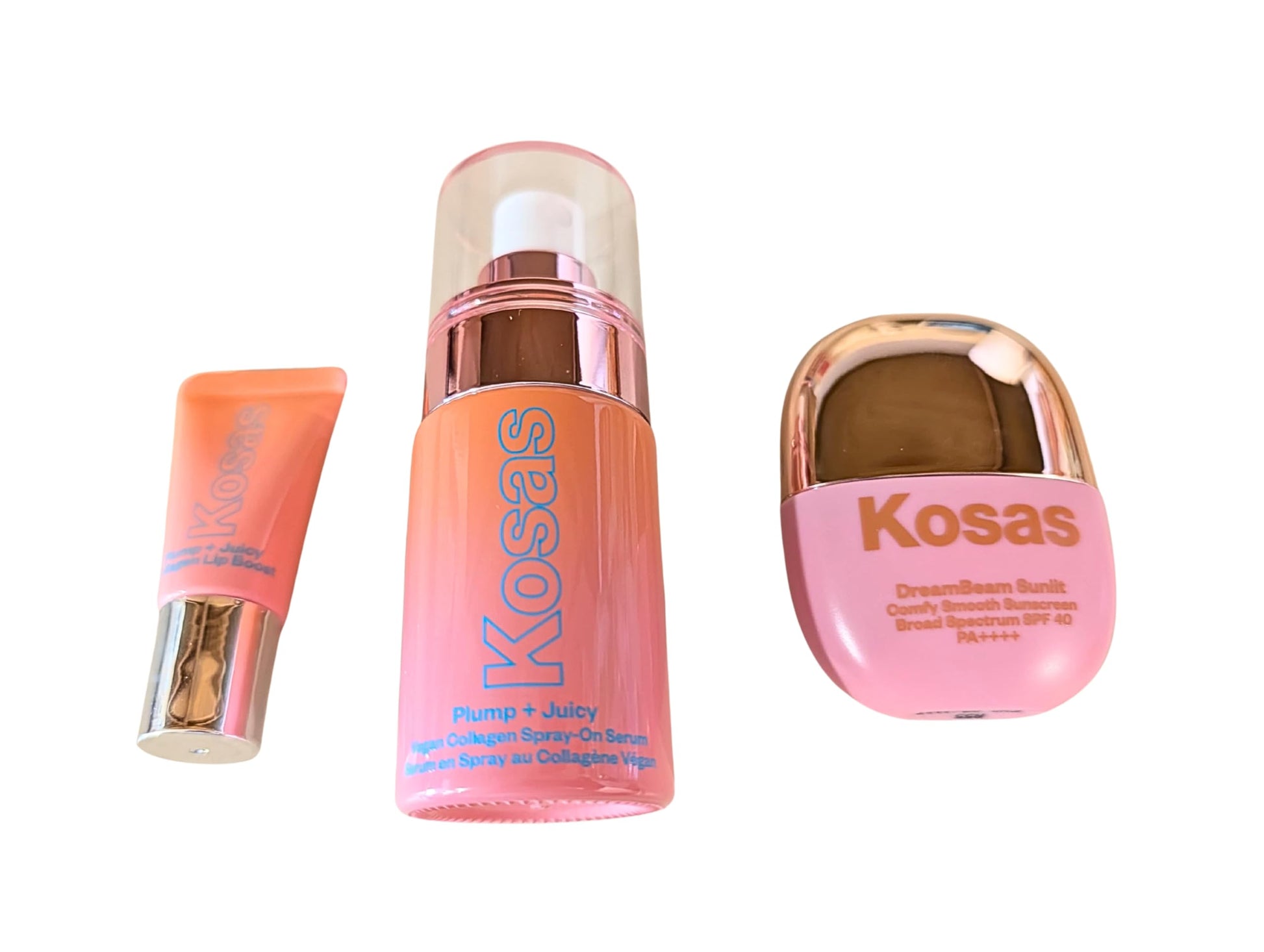 Kosas Plump + Juicy Makeup Prep Skincare Set – 3-Piece Mini Set with Collagen Spray-On Serum (1 oz), DreamBeam Sunlit SPF 40 PA++++ Sunscreen (0.5 oz), and Lip Booster (0.17 oz) KosasAu supplements