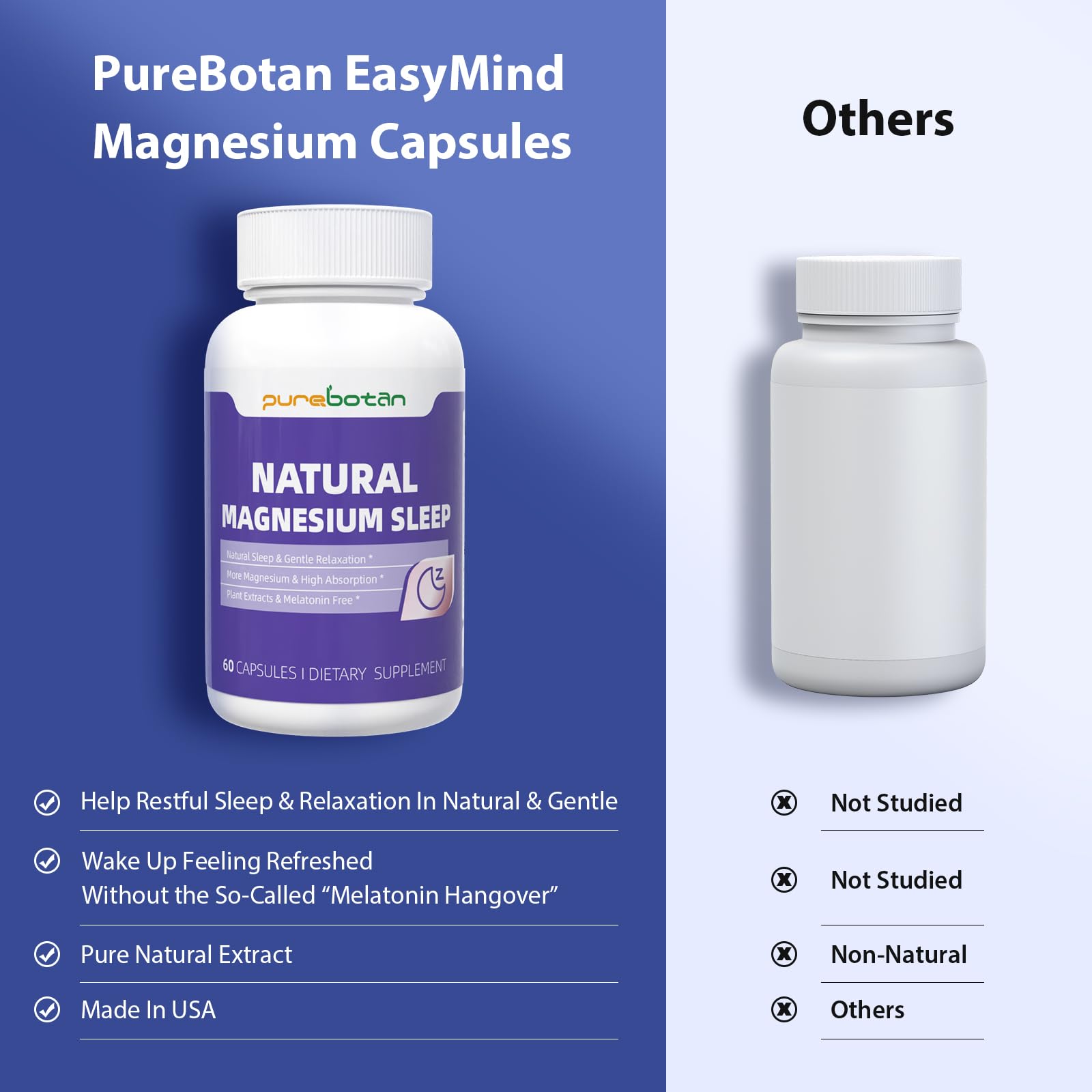 PureBotan Magnesium Oxide and Glycinate Extra Strength, Natural Sleep Aid Supplement EasyMind, High Absorption, Restful Sleep & Relaxation, Cortisol Lower, Natural-Gentle, Melatonin Free, 60 Capsules PureBotanAu supplements