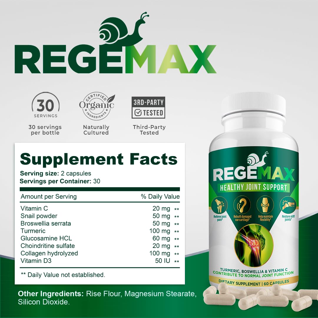 AURA VITAMINS REGEMAX regenerates and Helps Alleviate Joint discomfort Supplement, Snail Protein, Boswellia Serrata, and Turmeric – 60 Caps. (2) AURA VITAMINSAu supplements