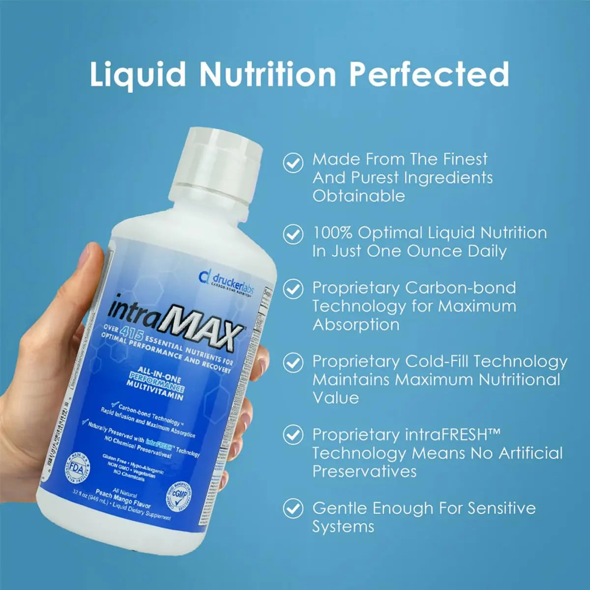 Drucker Labs - intraMAX Organic Liquid Multivitamin, Non GMO, Dairy Free, Gluten Free, Magnesium, Vitamin D, C and E, Zinc (32 oz., Peach Mango) Drucker LabsAu supplements