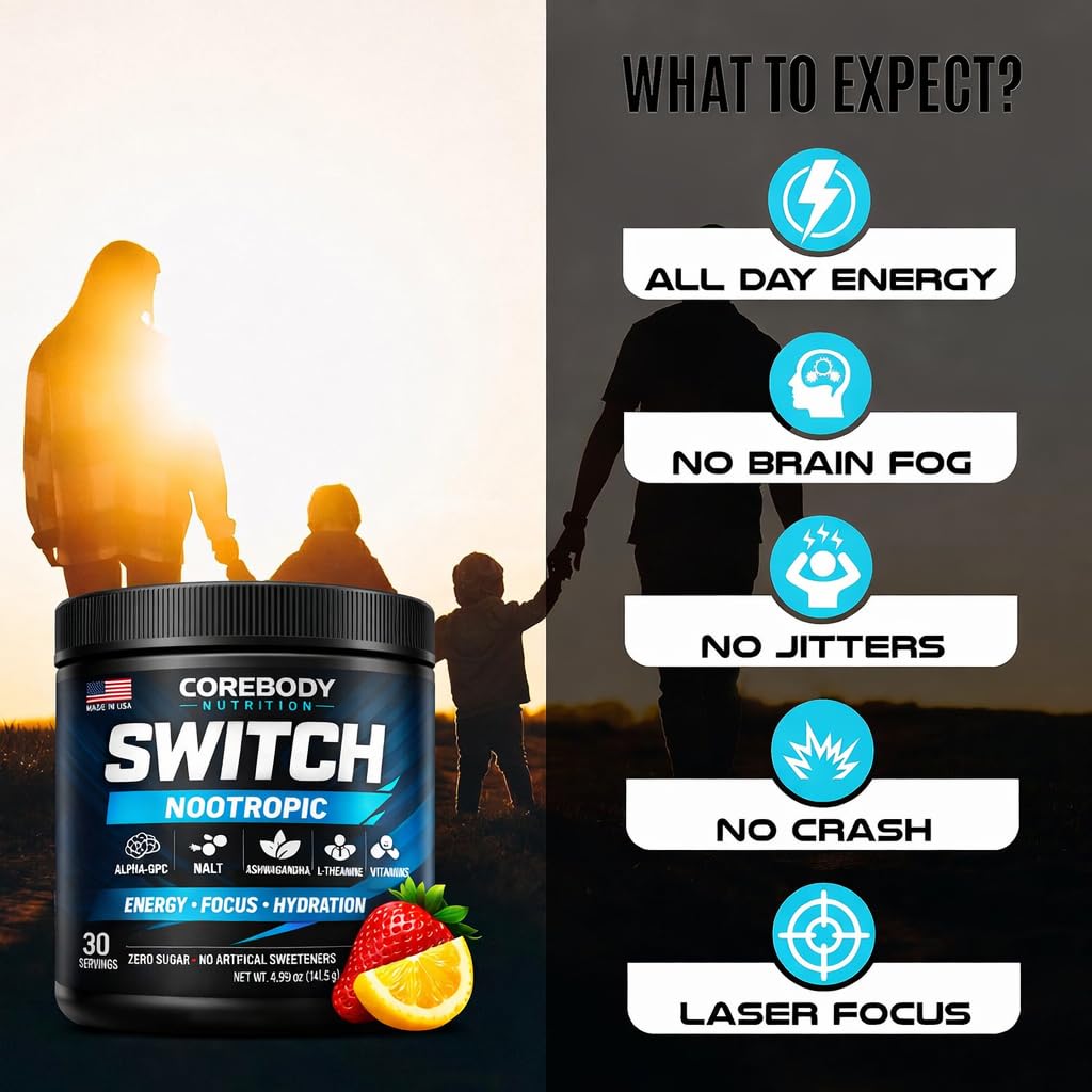 Switch, Brain Boosting Nootropic Energy Supplement Powder - Made in USA - Alpha GPC, NALT, Ashwagandha, Sugar Free Energy, Keto, Increase Mental Focus & Cognitive Function, Enhances Mood & Memory CoreBody NutritionAu supplements