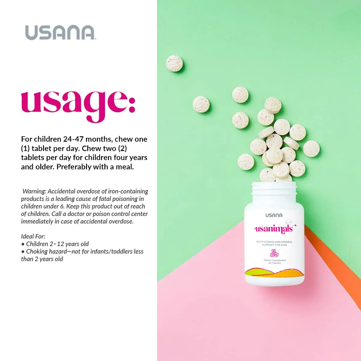 USANA Usanimals Multivitamin for Kids - Daily Chewable Tablets with Vitamins A, C, D, E, B6, B12, Zinc, Iron - Supports Immune, Bone & Brain Health USANAAu supplements
