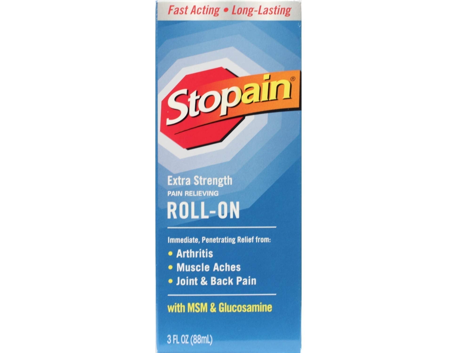 Stopain Pain Relief Roll On Gel 3oz (4 Pack) USA Made, Max Strength Fast Acting with MSM, Glucosamine, Menthol for Lower Back, Knee, Neck, HSA FSA Approved Topical Analgesic Products StopainAu supplements