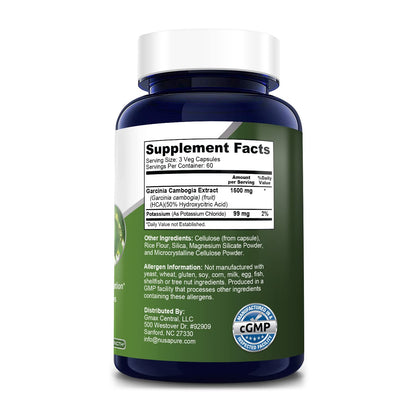 Garcinia Cambogia 180 Veggie Caps 1500mg (Vegetarian, Natural, Non-GMO & Gluten Free) NusaPureUS supplements