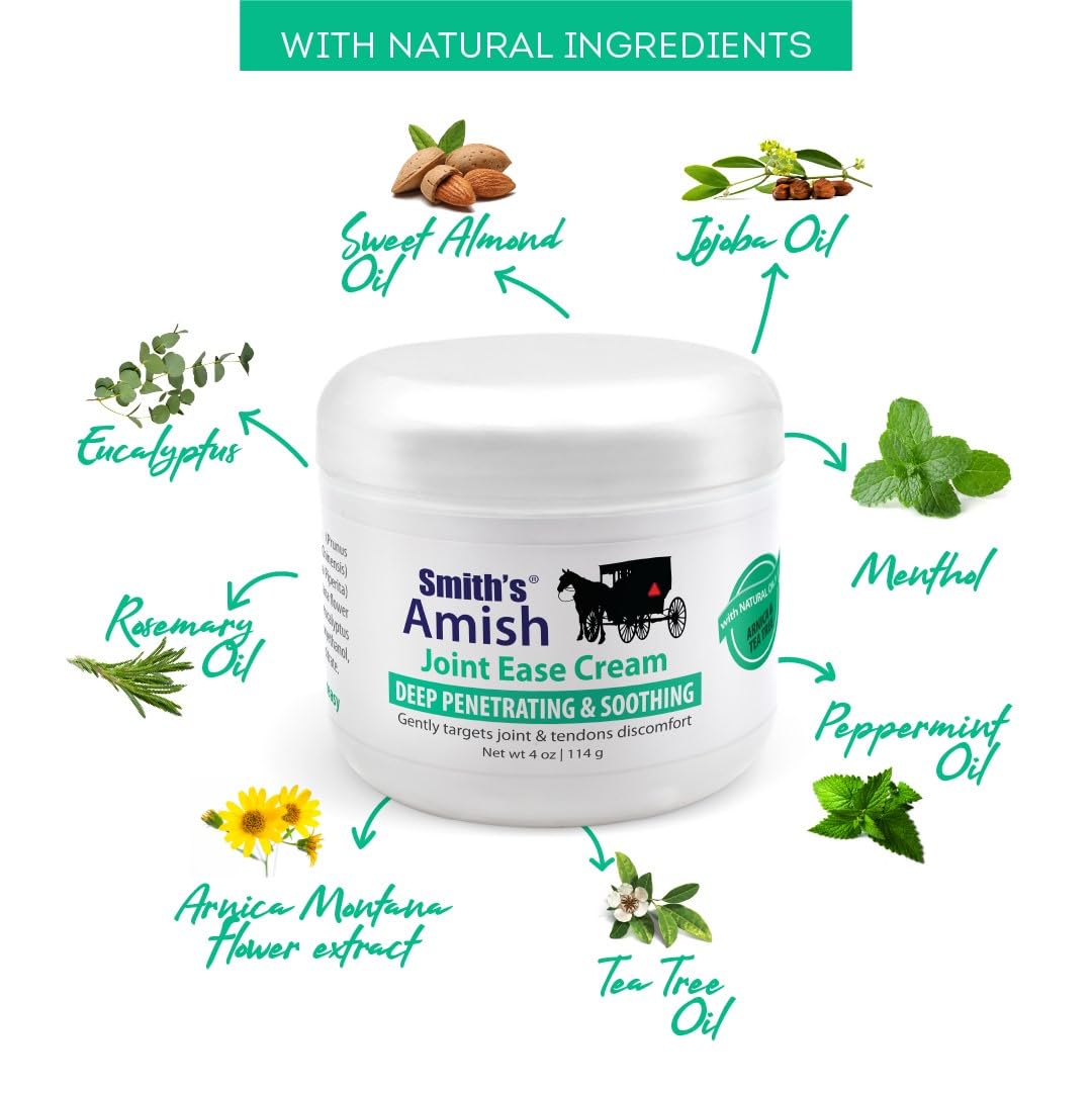 Smith’s Amish Joint Ease Cream 4 oz jar. Soothing and Cooling, with Botanicals of Arnica, Peppermint, Tea Tree, Rosemary and Eucalyptus Smith AmishAu supplements