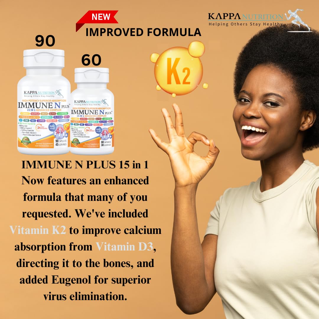 (60 Capsules), NAC 600mg, Quercetin 1,000mg, Vitamin C 500mg, Zinc 50mg, Vitamin D3 5,000iu, Selenium, Copper, Acerola, Ginger, Rutin, Citrus Bioflavonoids, Rose Hips, Echinacea, Immune N Plus 15 in 1 KAPPA NUTRITIONAu supplements