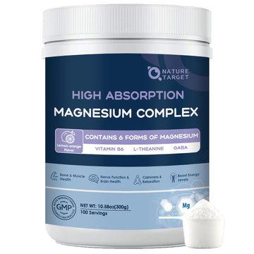 NATURE TARGET Magnesium Powder Supplement with Glycinate, Citrate, Malate, Magnesium Complex with L-Theanine & Vitamin B6 for Muscle, Heart & Brain, Vegan, 10.58 oz (100 Servings), Lemon Orange Flavor NATURE TARGETAu supplements
