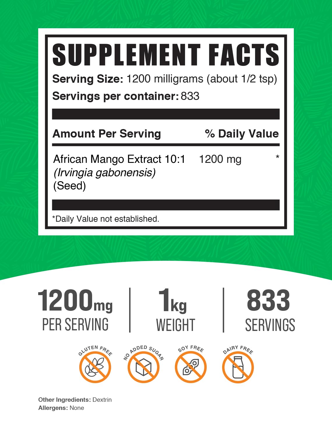 BulkSupplements.com African Mango Extract Powder - Irvingia Gabonensis, African Mango Powder - Gluten Free, 1.2g per Serving, 1kg (2.2 lbs) (Pack of 1) BulkSupplementsAu supplements