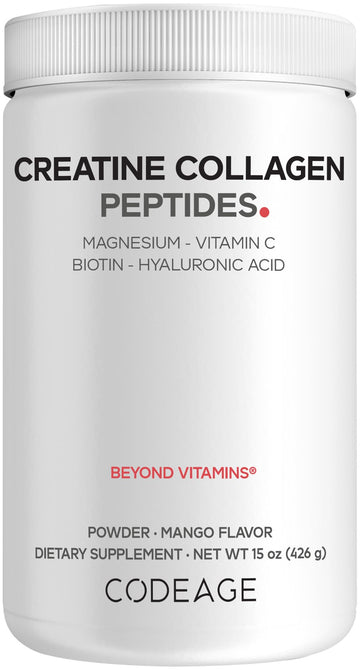 Codeage Creatine Collagen Peptides - Creatine Monohydrate Powder Supplement, Wild-Caught Marine Collagen, Biotin, Magnesium, Vitamin C, Hyaluronic Acid - Mango Flavored - Non-GMO - 15 Oz CodeageAu supplements