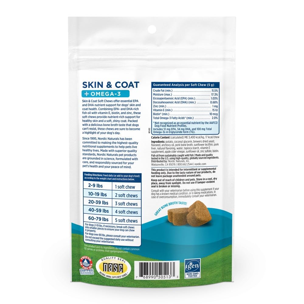 Nordic Naturals Pet Skin & Coat Soft Chews with Omega-3-30 Pork Bone Broth Flavored Soft Chews - Nutritional Support for Healthy Skin & a Soft and Shiny Coat - Non-GMO and IFOS Certified Nordic NaturalsAu supplements