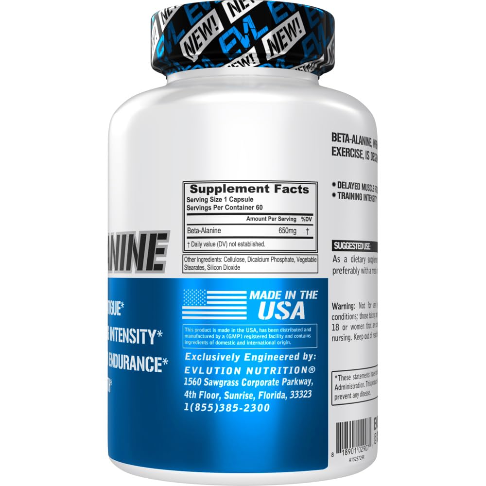 Evlution Nutrition Beta-Alanine Capsules - Enhance Training Intensity - 60 Count Beta EvlutionUS supplements