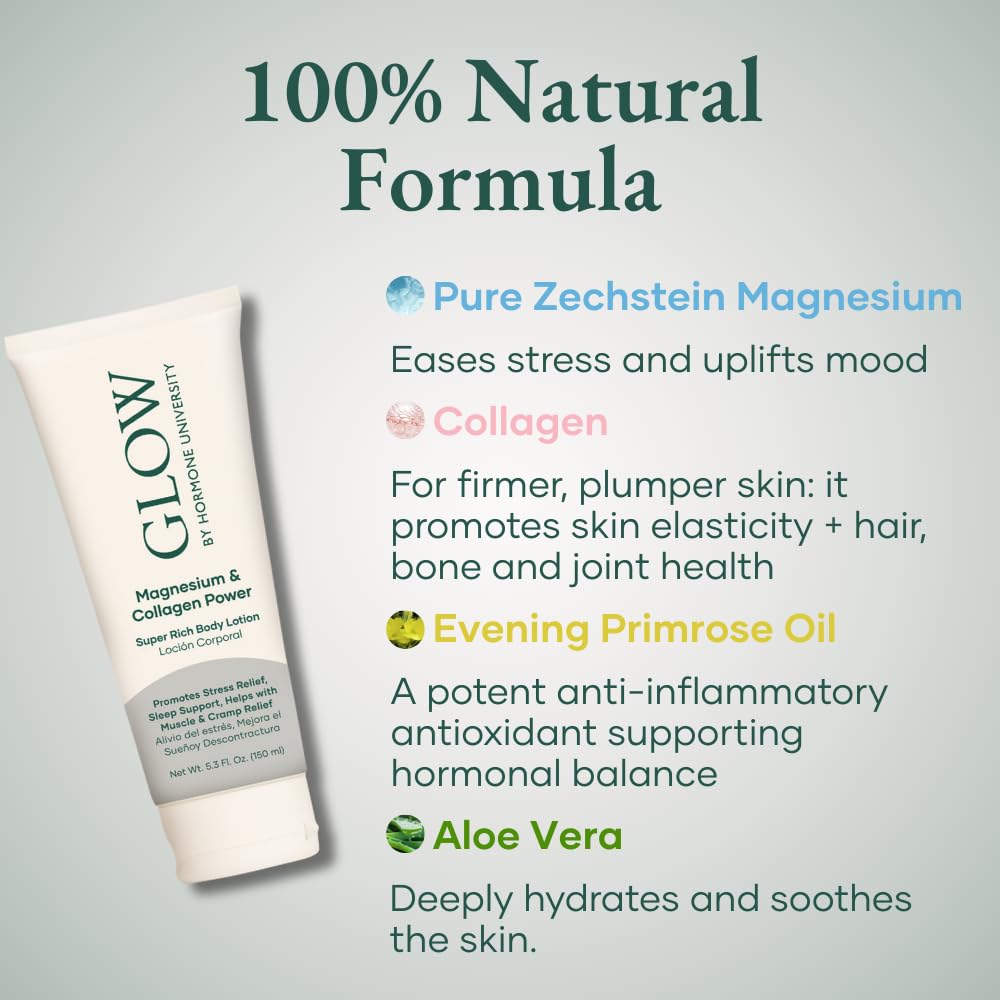 Glow by Hormone University - Magnesium Lotion with Collagen - Magnesium Cream - Bedtime Routine Sleep Lotion - The Highest Concentration of Genuine Zechstein Magnesium Chloride (Pack of 1) Glow BotanicaAu supplements
