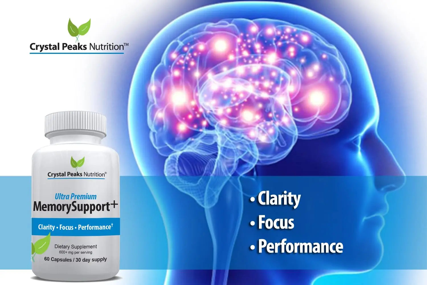 Memory Boost + Brain Support Supplement – Nootropic for Focus, Concentration, Memory. Enhanced Energy, Recall and Alertness - 60 Capsules/30-day Supply. CRYSTAL PEAKS NUTRITIONnz supplements