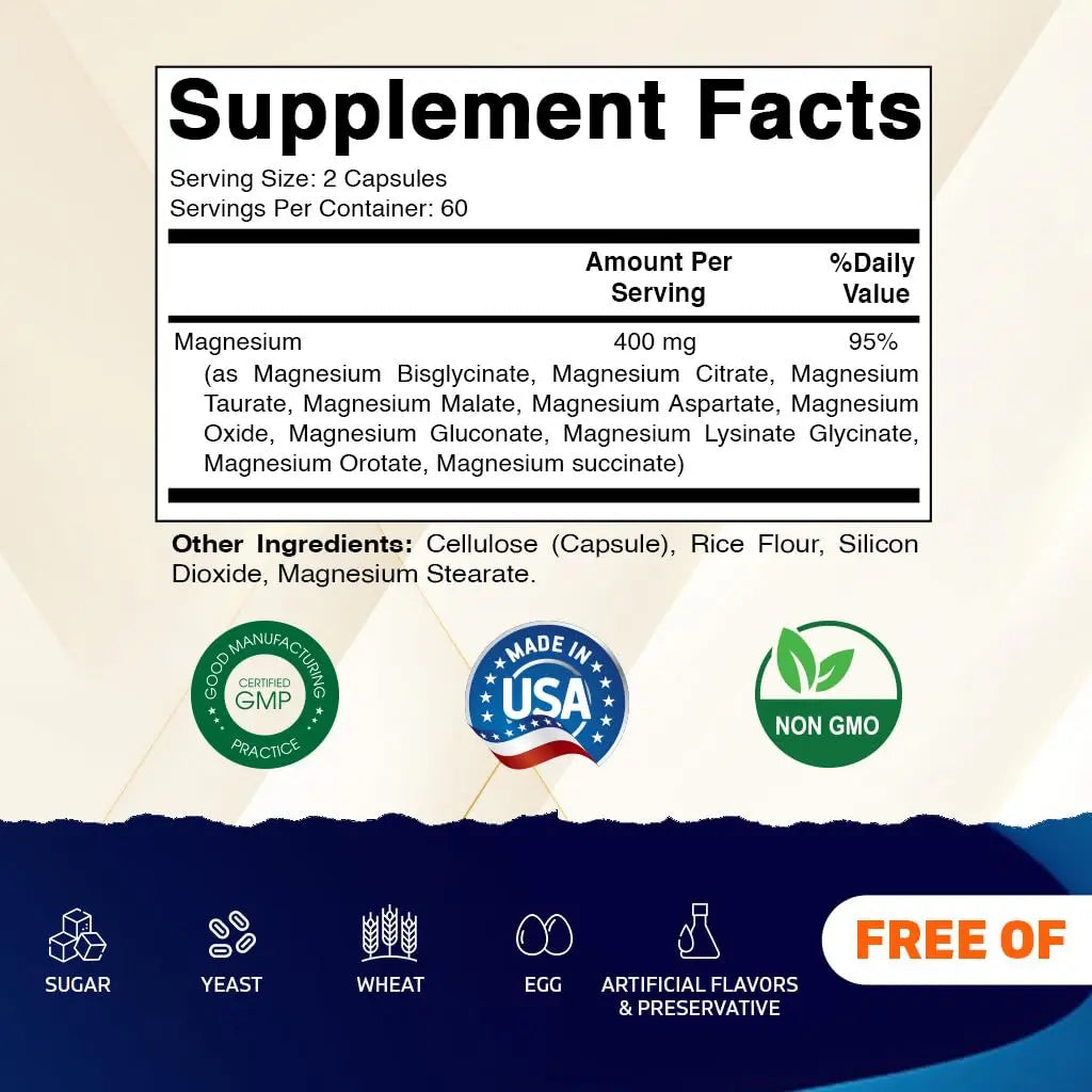 Vitamatic Magnesium Complex, 400mg Elemental MG (as Bisglycinate, Citrate, Taurate, Malate, Aspartate, Oxide, Gluconate, Lysinate Glycinate, Orotate, Succinate) - 120 Capsules per Pack - 2 Pack Vitamaticnz supplements