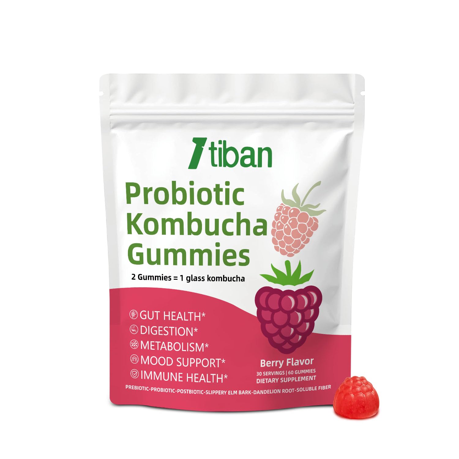 Itiban Probiotic Kombucha Gummy - Prebiotics, Probiotics, Postbiotics, Fiber Supplement, Slippery Elm for Bloating, Gut Health, Women and Men, 60ct ItibanAu supplements